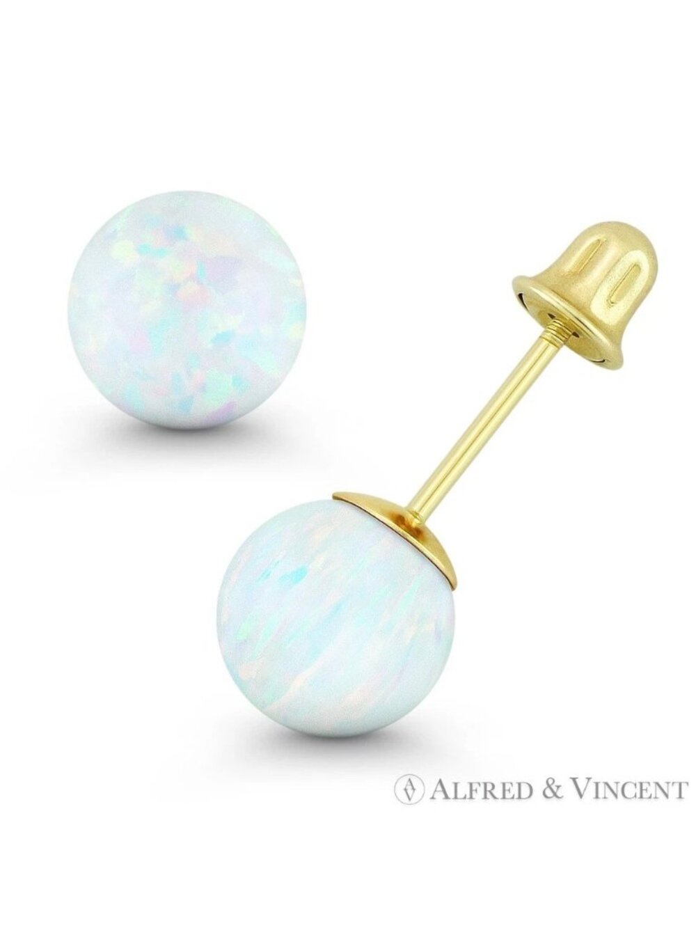 Fiery White Synthetic Opal Bell-Type Screwback Stud Earrings in 14k Yellow Gold